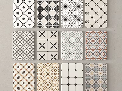 Various Patterned Floor Tiles With Geometric Floral Grid Designs In Black White Beige Brown Hues 3d model