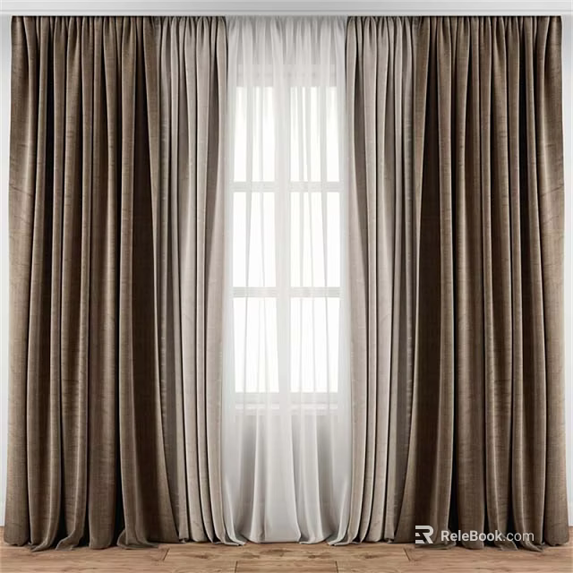 Stylish Brown Curtains With White Sheer Layers For Home Window Interior Design 3d model 