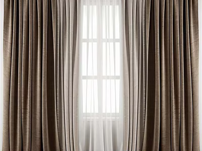 Stylish Brown Curtains With White Sheer Layers For Home Window Interior Design 3d model