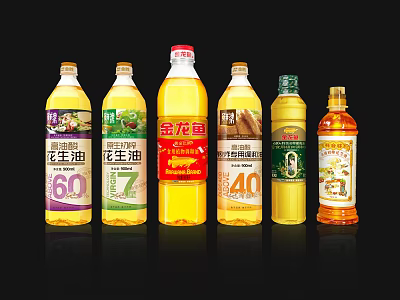 Various Cooking Oil Bottles with Colorful Labels and Yellow Liquid in Kitchen 3d model