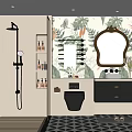 Modern Bathroom Interior Featuring Tropical Plant Wallpaper Decorative Mirror Black Toilet And Dark Cabinets