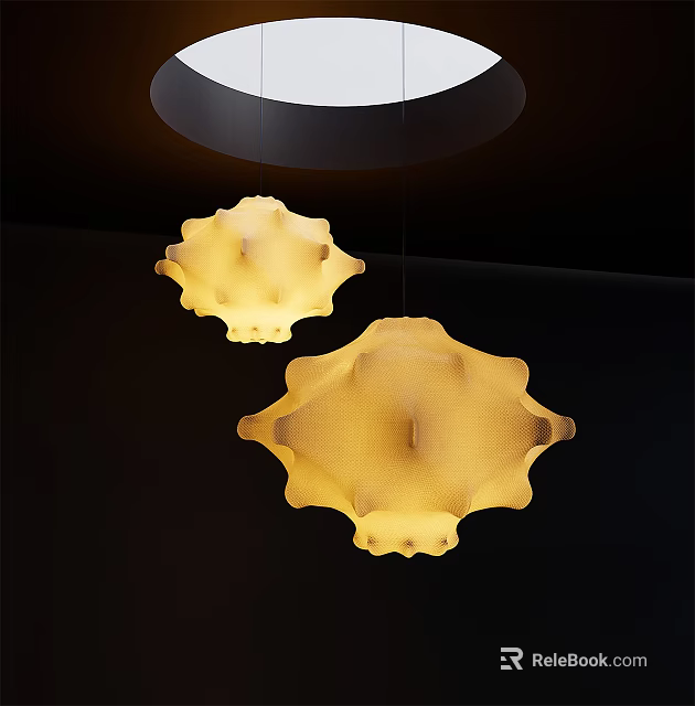 Modern Yellow Pendant Lights Featuring Unique Textured Shape on Dark Background 3d model 
