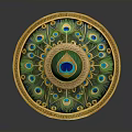 Ornate Circular Shield Weapon Featuring Golden Border And Peacock Feather Design