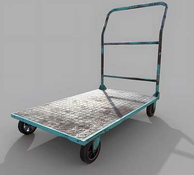 Industrial Metal Platform Cart With Blue Frame Textured Surface And Black Wheels 3d model