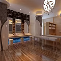 Modern SPA Sauna Room With Round Pools Skylights Blue Decor Dark Walls And Wooden Floor