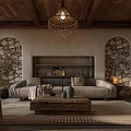 Rustic Living And Dining Room Interior With Wooden Ceiling Chandelier Sofa Coffee Table Arched Windows