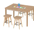 Modern Wooden Table and Stool Set With Black Metal Legs Colorful Palette and Pen Holder