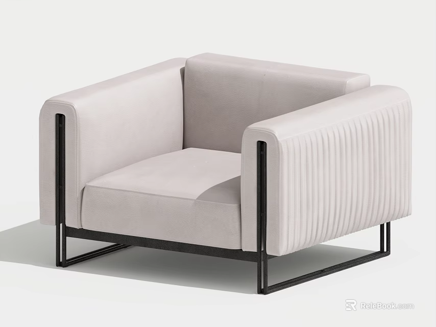 Modern Light Gray Single Seater Sofa With Ribbed Armrests And Black Metal Frame 3d model 