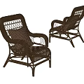 Comfortable Woven Rattan Leisure Chairs With Armrests And Checkered Pattern Cushions