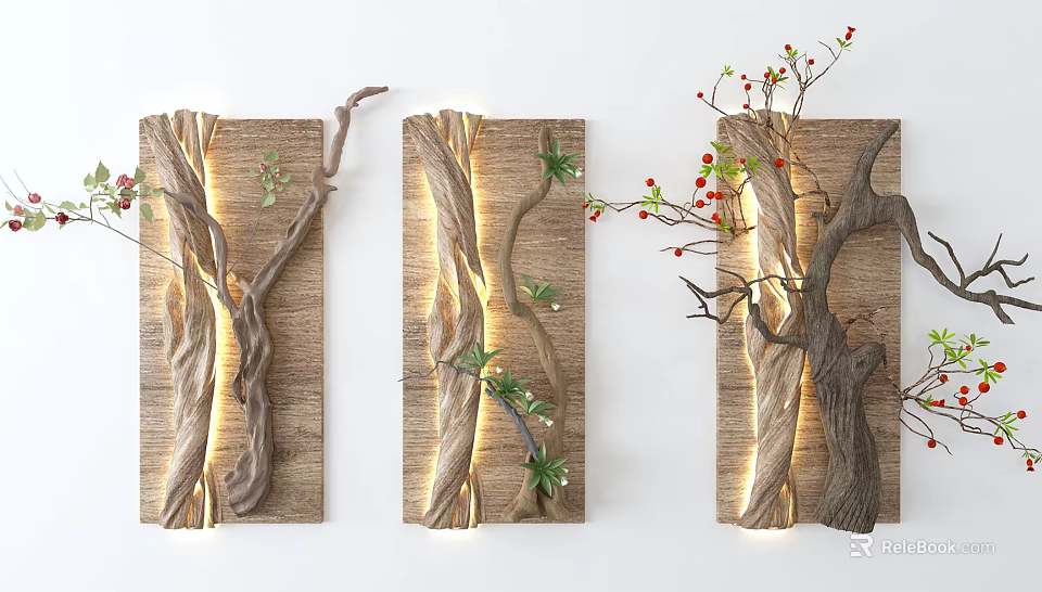 Natural Wooden Wall Decor With Tree Branches Green Leaves Red Berries And Embedded Lighting 3d model 