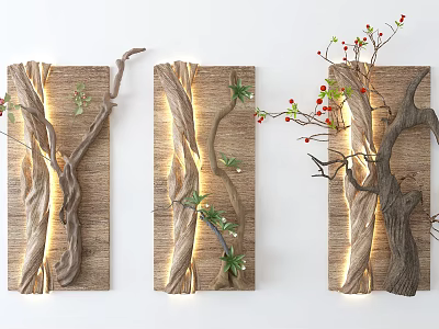Natural Wooden Wall Decor With Tree Branches Green Leaves Red Berries And Embedded Lighting 3d model