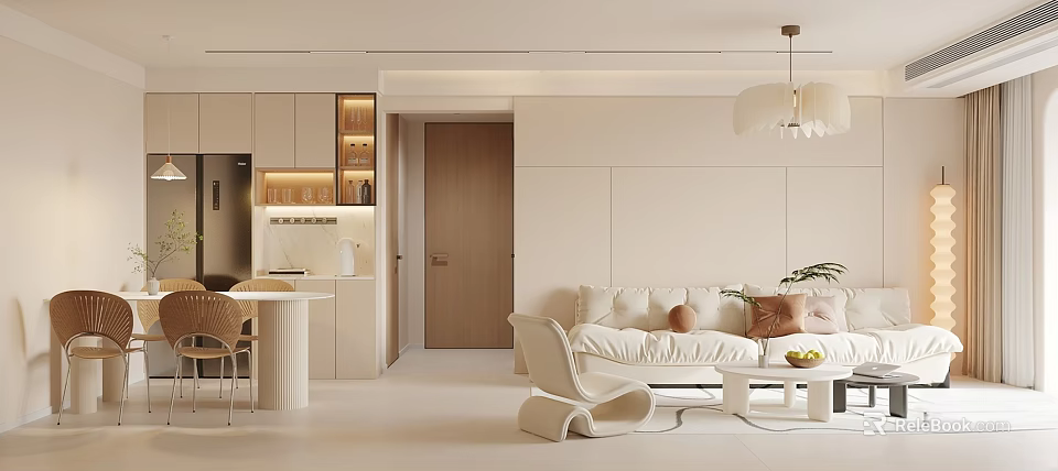 Modern Dining and Living Room With Neutral Tones Sofa Coffee Table Chairs And Pendant Light 3d model 