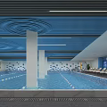 Modern Swimming Center Reception Area With Blue White Design Marble Floor And Swimming Posters