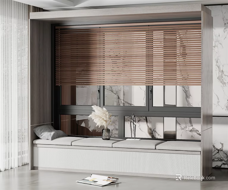 Bay Window With Bamboo Blinds Cushioned Bench And Pampas Grass In Vase On Marble Walls 3d model 