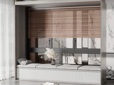Bay Window With Bamboo Blinds Cushioned Bench And Pampas Grass In Vase On Marble Walls 3d model