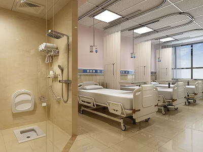 Modern Hospital Ward Interior With Multiple Medical Beds Shower Facilities And Tiled Floor 3d model