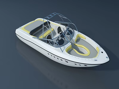 Modern Wooden Boat Featuring White Exterior Yellow Interior Cockpit Seats and Windshield Design 3d model