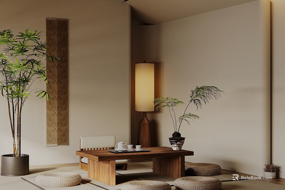 Serene Zen Tea Room Interior With Wooden Tea Table Tea Sets Cushions And Green Plants 3d model 