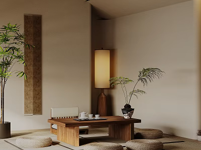 Serene Zen Tea Room Interior With Wooden Tea Table Tea Sets Cushions And Green Plants 3d model