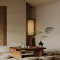 Serene Zen Tea Room Interior With Wooden Tea Table Tea Sets Cushions And Green Plants