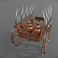 Ancient War Chariot Featuring Wooden Structure Spikes Large Wheels And Jars
