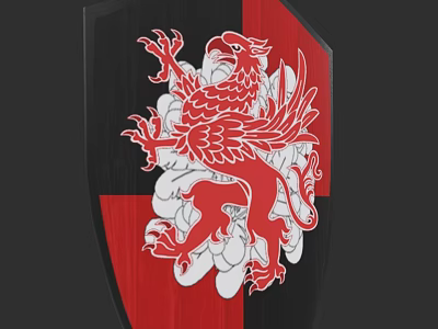 Medieval Weapon Shield With Red And Black Design Featuring Eagle And Lion 3d model