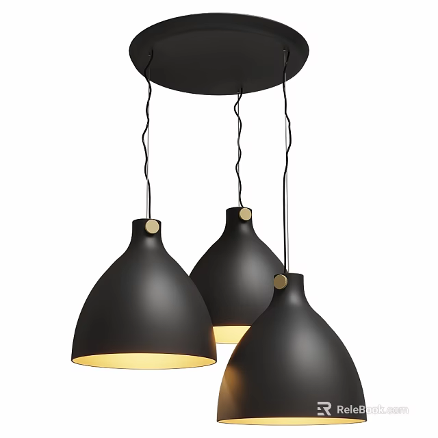 Three Black Pendant Lights with Hemispherical Shades and Warm Yellow Illumination for Modern Spaces 3d model 