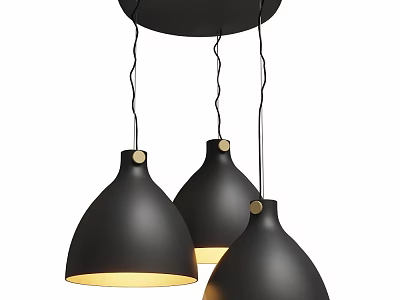 Three Black Pendant Lights with Hemispherical Shades and Warm Yellow Illumination for Modern Spaces 3d model
