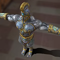 Muscular Game And Movie Character With Golden Decorated Armor And Helmet In Temple Hall