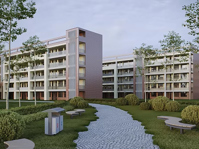Modern Multi Story School Building With Green Landscaping Pathway And Seating Benches 3d model