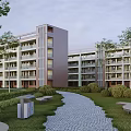 Modern Multi Story School Building With Green Landscaping Pathway And Seating Benches