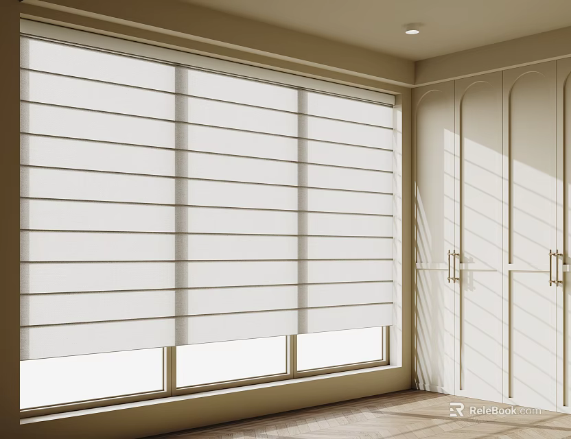 White Window Blinds In Bright Modern Room With Natural Sunlight And Panel Design 3d model 