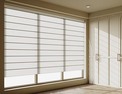 White Window Blinds In Bright Modern Room With Natural Sunlight And Panel Design 3d model