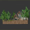 Cartoon Scene With Cozy Small House Tall Green Trees Stone Pathway Lush Lawn And Decorations