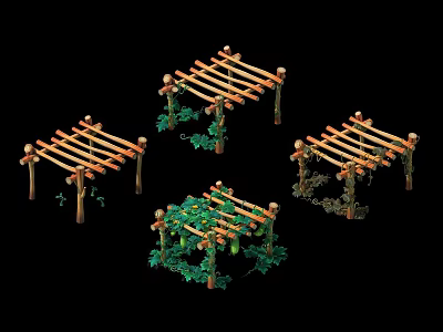 Outdoor Wooden Garden Trellis Structures With Climbing Vines And Green Plants 3d model