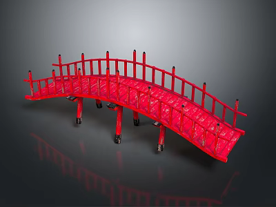 Red Traditional Arched Decorative Bridge With Intricate Railings And Reflective Base 3d model