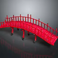 Red Traditional Arched Decorative Bridge With Intricate Railings And Reflective Base
