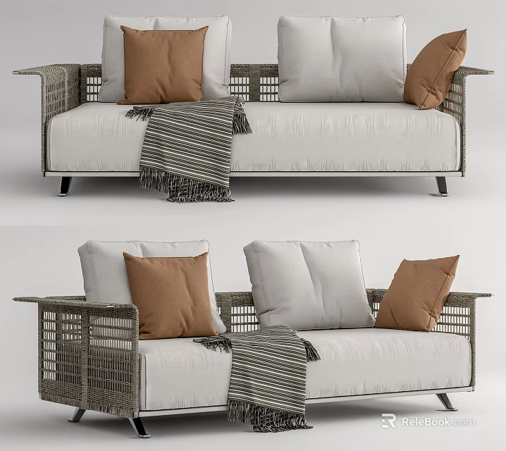 Rattan Frame Outdoor Sofa With White Cushions Brown Pillows And Striped Throw 3d model 