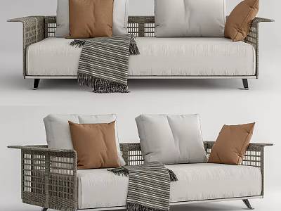 Rattan Frame Outdoor Sofa With White Cushions Brown Pillows And Striped Throw 3d model