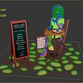Game Movie Character With Blue Hair Sitting On Chair By Menu Chalkboard And Pebble Stones