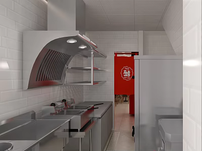 Stainless Steel Commercial Kitchen Interior With Range Hood White Brick Walls Red Door And Refrigerator 3d model