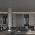 Modern Bedroom Interior Design With Wooden Floor Desk Chair Cabinet White Column And Geometric Rug