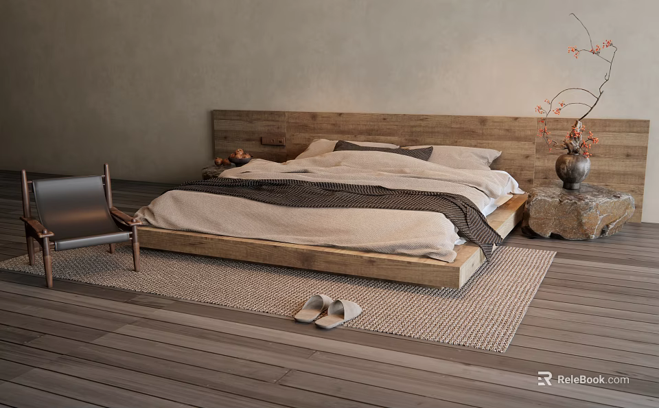 Cozy Double Bed With Wooden Headboard Neutral Bedding And Area Rug On Wooden Floor 3d model 