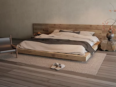 Cozy Double Bed With Wooden Headboard Neutral Bedding And Area Rug On Wooden Floor 3d model