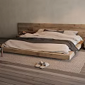 Cozy Double Bed With Wooden Headboard Neutral Bedding And Area Rug On Wooden Floor