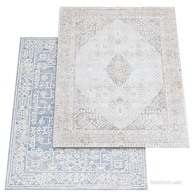 Two Light Blue And Gray Square Rugs With Diamond Geometric Patterns 3d model