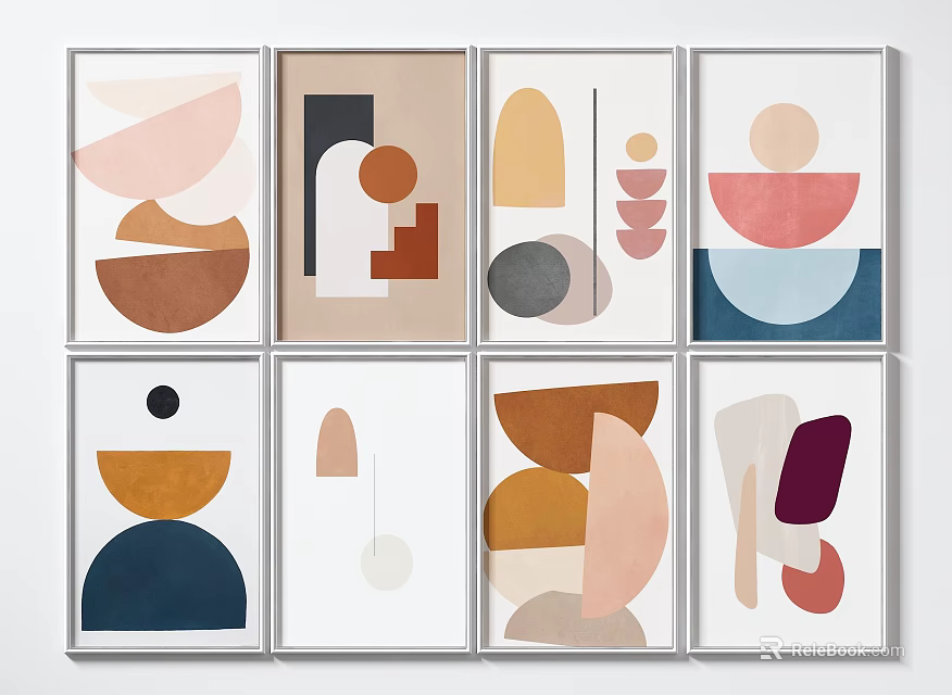 Colorful Abstract Artwork With Geometric Shapes And Framed Wall Decor In Various Tones 3d model 