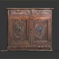 Vintage Brown Wooden Cabinet With Carved Doors And Top Drawers On Circular Base