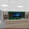 Spacious Classroom Interior With Wooden Desks Green Blackboard Blue Screen And White Ceiling Lights