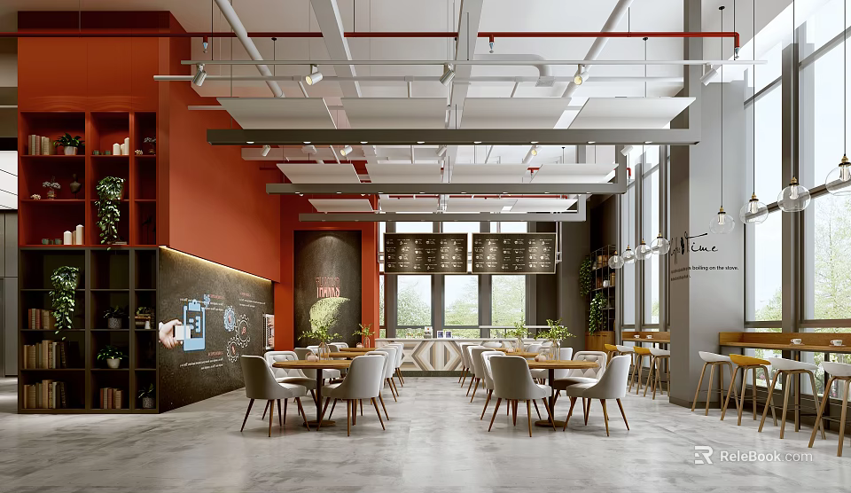 Modern Café Interior Design With Cozy Seating Wooden Tables Green Plants And Large Windows 3d model 